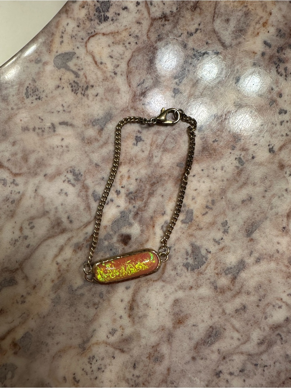 Gold Chain Bracelet with Iridescent Orange Pendant